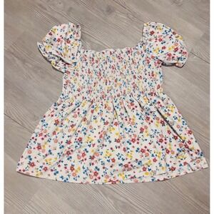 Tree Kisses Smocked Floral Puff Sleeve Top White Pink Blue Yellow Size S